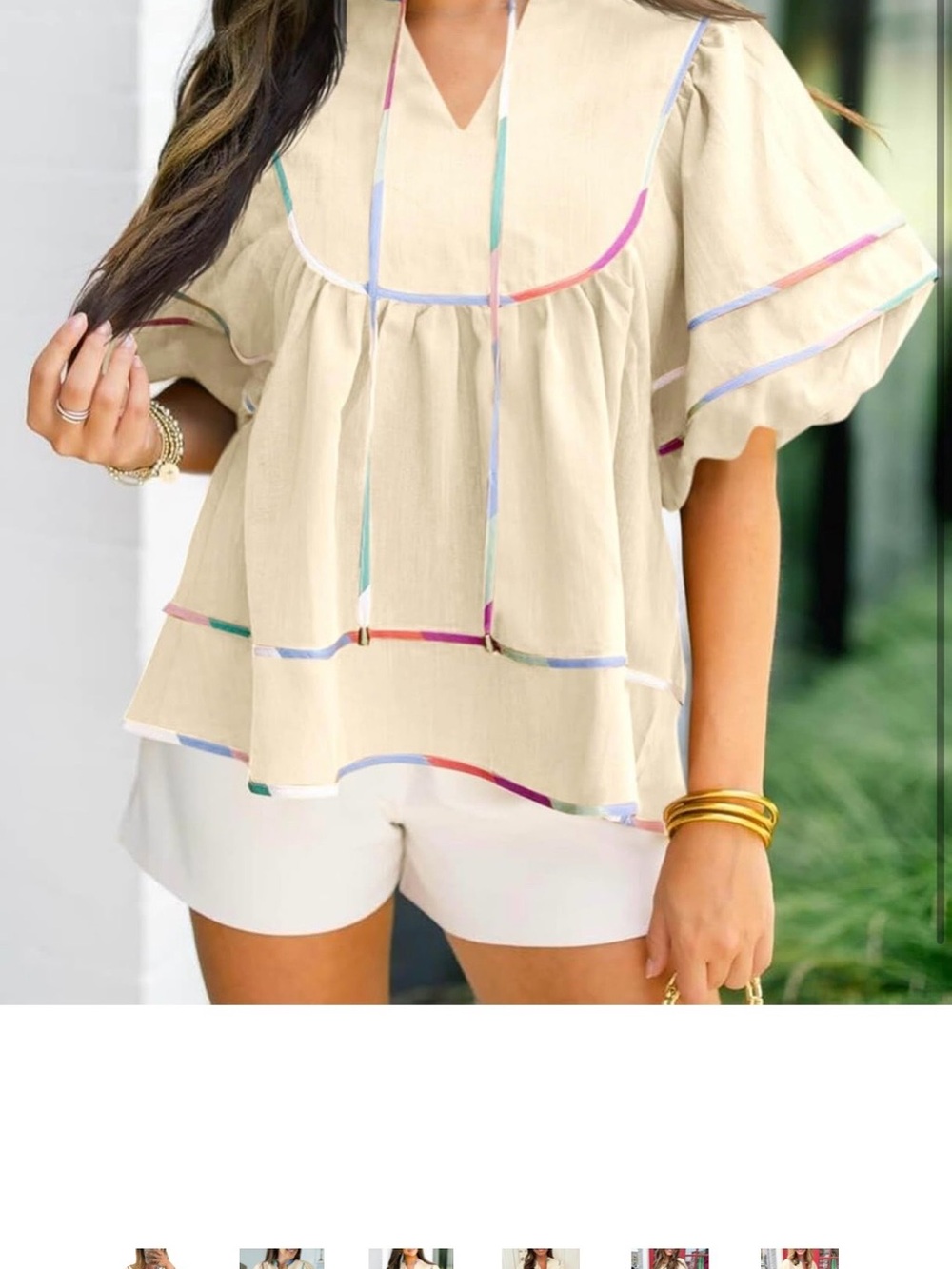 Cream Tiered Flutter-Sleeve Tunic with Multicolor Trim